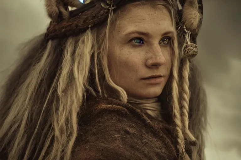 Image similar to portrait of a beautiful Viking woman By Emmanuel Lubezki