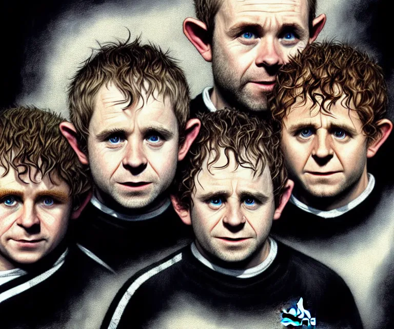 Prompt: a detailed fifty mm portrait of dominic monaghan, billy boyd, sean astin, as hobbits in black adidas track suits with white stripes, headshot, highly detailed, digital painting, artstation, concept art, sharp focus, cinematic lighting, illustration, art by met mangindaan, artgerm and greg rutkowski, alphonse mucha, cgsociety