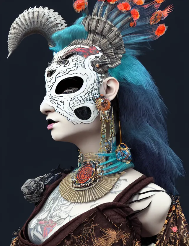 Image similar to 3 d goddess close - up profile portrait punk with mohawk in victorian style with ram skull. beautiful intricately detailed japanese crow kitsune mask and clasical japanese kimono. betta fish, jellyfish phoenix, bio luminescent, plasma, ice, water, wind, creature, artwork by tooth wu and wlop and beeple and greg rutkowski