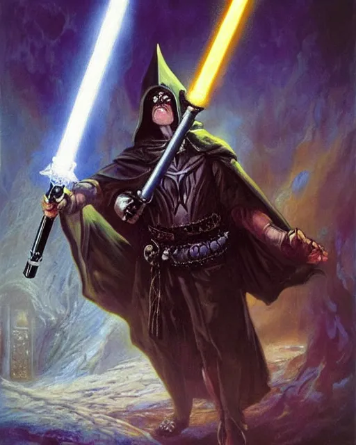 Image similar to portrait of Rosie O’ Donnel with lightsaber as a powerful dungeons and dragons warlock, wearing dark robe, intricately detailed, lovecraftian, realistic, oil painting, by jeff easley, boris vallejo, cinematic lighting