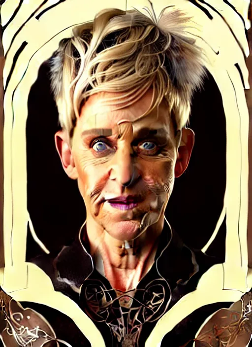 Image similar to portrait of ellen degeneres, volumetric lights, feast, music notes, art nouveau botanicals, gothic, intricate, highly detailed, digital painting, artstation, concept art, smooth, sharp focus, symmetric face, illustration, steampunk, art by artgerm and greg rutkowski and alphonse mucha