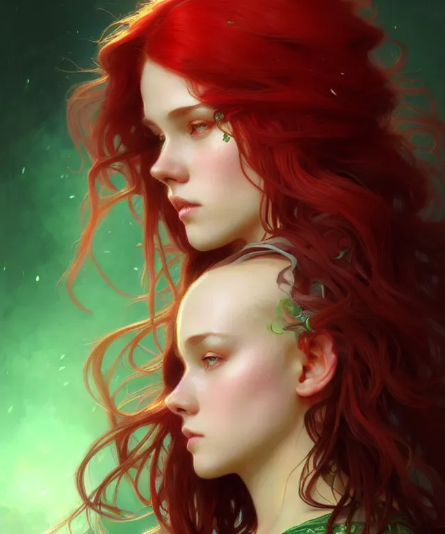 Prompt: Fae teenage girl, portrait, face, long red hair, green highlights, fantasy, intricate, elegant, highly detailed, digital painting, artstation, concept art, smooth, sharp focus, illustration, art by artgerm and greg rutkowski and alphonse mucha