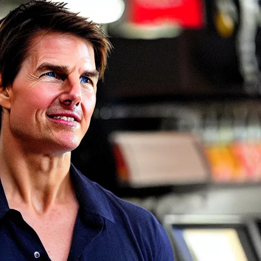 Image similar to Tom Cruise working as a 7/11 cashier, macro, detailed, beautiful lighting