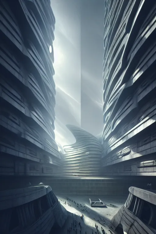 Prompt: sci - fi concrete brutalist architecture in bladerunner scene, zaha hadid, beksinski, photoreal, highly detailed, 8 k, hd, vray, artstation, trending on behance, cinematic matte painting, extreme detail photo quality, sunrays, sunset, featured on behance