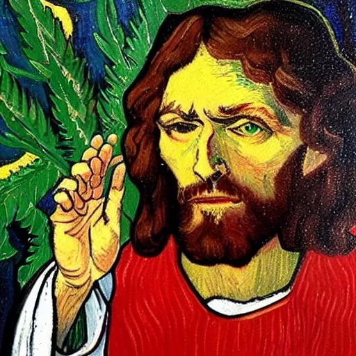 Image similar to jesus with jimm kerry spreads his hands against the background of growing cannabis. an oil painting in the style of van gogh