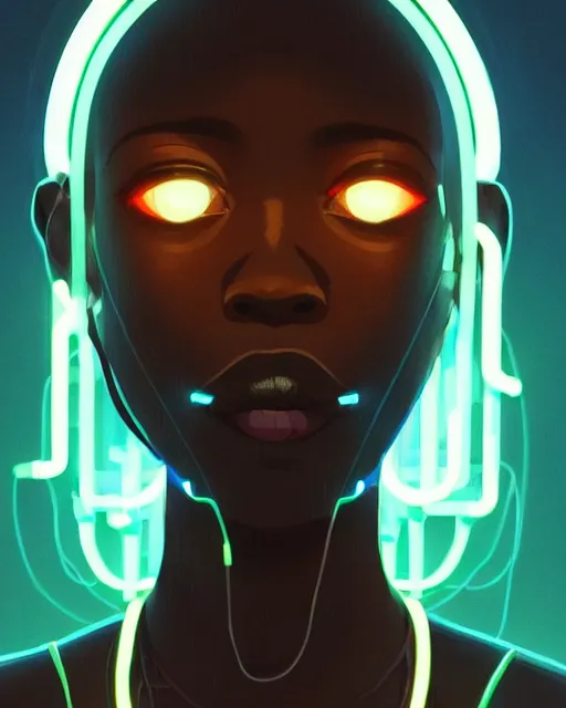 Image similar to kyoto animation, cool african lady wearing cyberpunk intricate warcore, neon lighting tubes, beautiful, detailed portrait, cell shaded, 4 k, concept art, by wlop, ilya kuvshinov, artgerm, krenz cushart, greg rutkowski, pixiv. cinematic dramatic atmosphere, sharp focus, volumetric lighting, cinematic lighting, studio quality