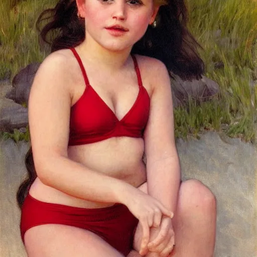 Prompt: portrait of cute young chubby courtney cox in red swimsuit sitting on a beach, intricate, hyperdetailed, photorealistic, diffuse lighting, hdrp, artstation, unreal 5, smooth, textless, sharp focus, art by john collier, albert aublet, krenz cushart, artem demura, alphonse mucha