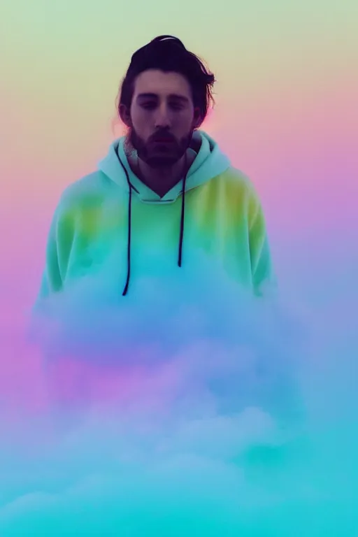 Prompt: high quality pastel coloured film photograph of a man wearing a black hoodie resting on cloud furniture clouds in a haze filled dreamstate world. three point light, rainbow. photographic production. art directed. pastel colours. volumetric clouds. pastel gradient overlay. waves glitch artefacts. 8 k. filmic.