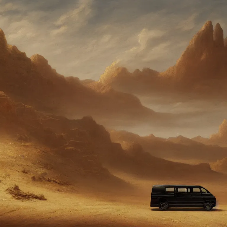 Image similar to a beautiful painting of a lone van driving into the distance on a deserted desert highway by carl gustav carus, highly detailed, concept art, cinematic lighting, high noon