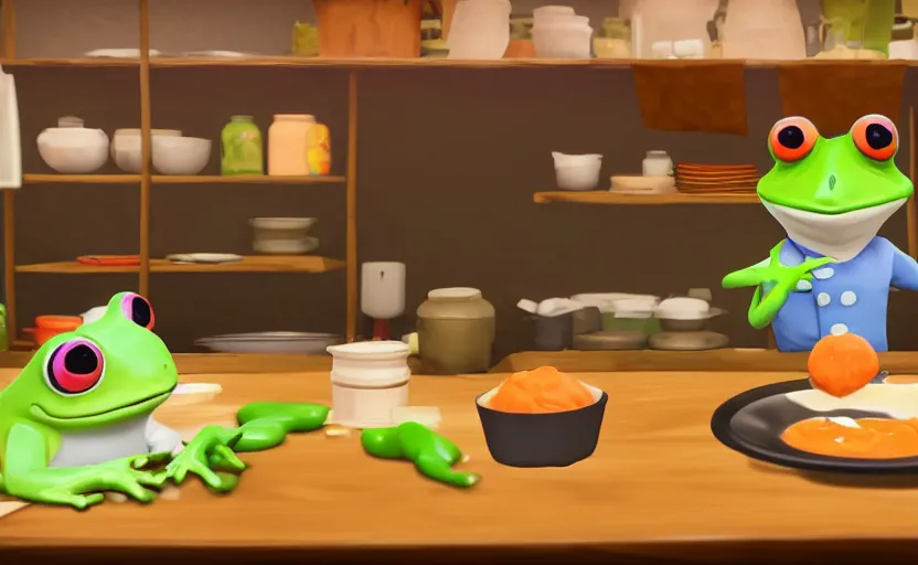 Prompt: ps 5 game about a cute frog chef making soup in oregon, unity screenshot,