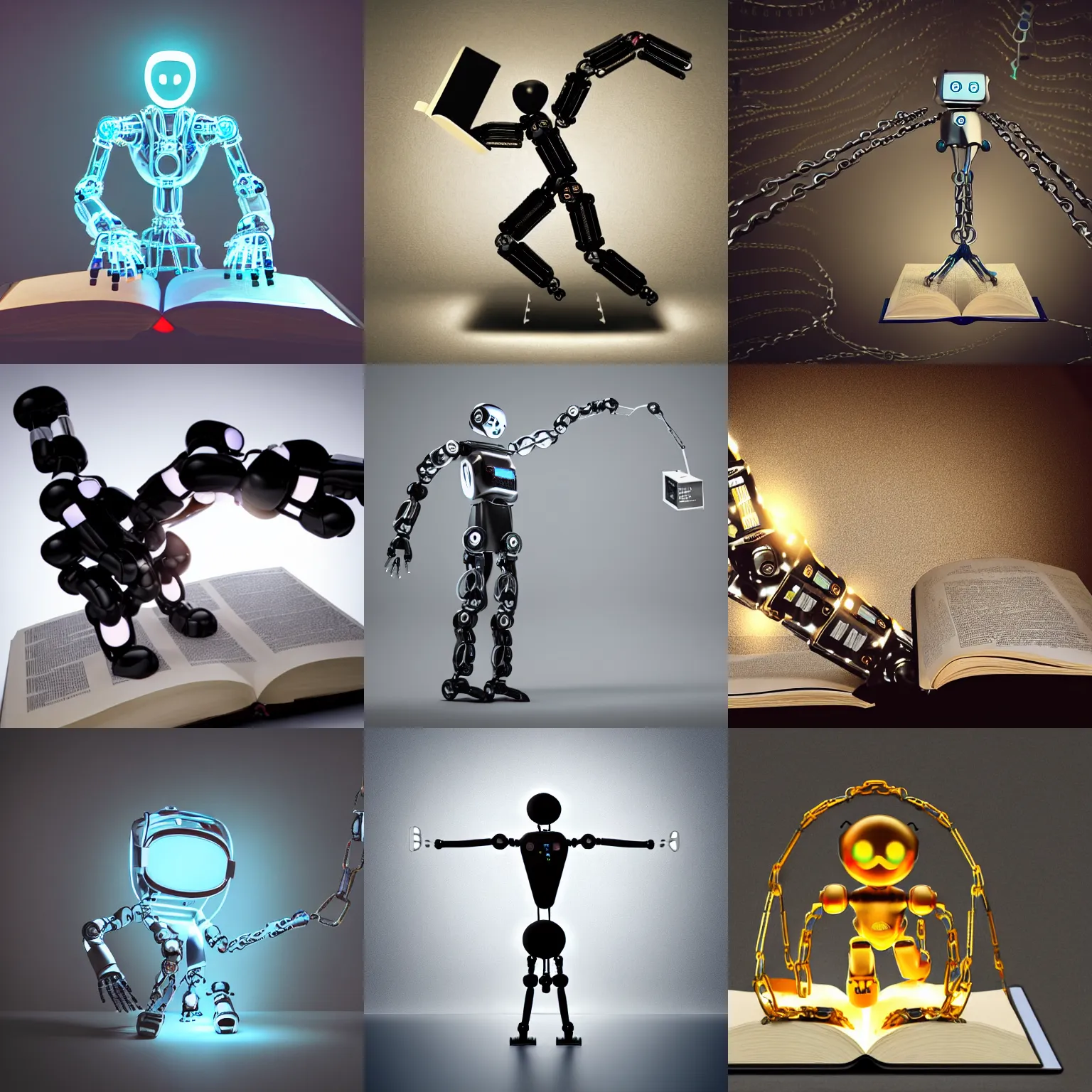 Prompt: chained robotic humanoid reaching with a glowing book
