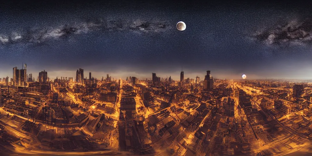 Image similar to a big industrial city metropoli in the distance, cloudy dark sky, it's late at night the moon and the milky way shine, equirectaln, 3 6 0 render panorama, seamless