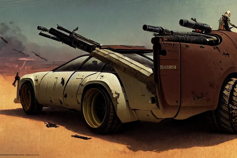 Image similar to dieselpunk mad max alpine a 3 1 0 with guns installed, painted by greg rutkowski makoto shinkai takashi takeuchi studio ghibli, akihiko yoshida