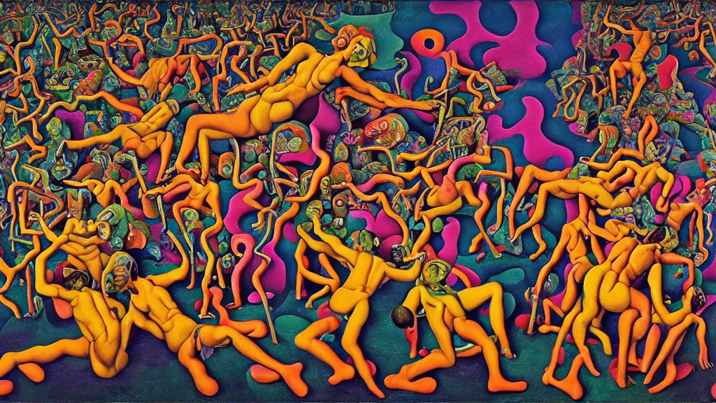 Prompt: multi colored psychedelic weeping soldiers | pain, pleasure, suffering, adventure, love, life, afterlife, souls in joy and agony | abstract oil painting, gouche on paper by MC Escher and Salvador Dali and raqib shaw and Josef albers on LSD |