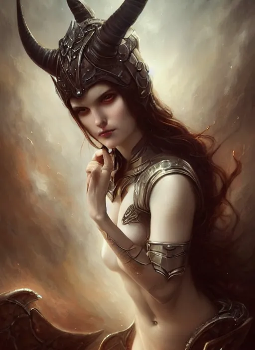 Prompt: a hauntingly beautiful woman with horns and armor, painted by artgerm and tom bagshaw, fantasy art, dramatic lighting, highly detailed oil painting