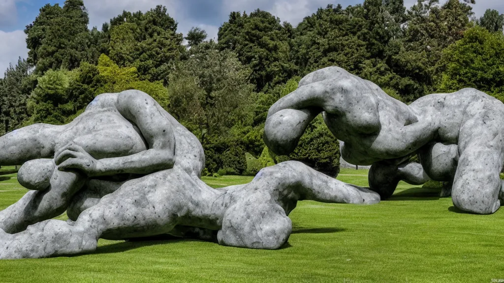Prompt: a colossal impossible granite sculpture garden by michelangelo and henry moore and david cerny, on a green lawn, distant mountains, 8 k, dslr camera, the merely beautiful bore me to death, award winning
