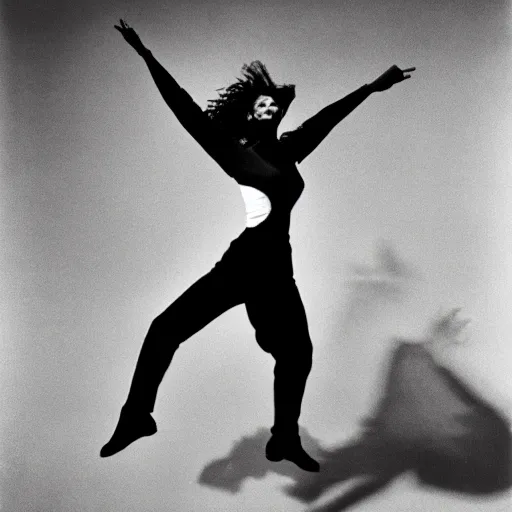 Prompt: extremely dynamic person, energetic and vigorous dance movement defying gravity, by robert longo, by philippe halsman, by antoine d'agata