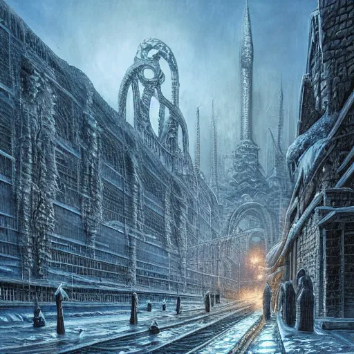 Prompt: the city under the ice, artwork by Ted Nasmith and H R Giger, trending on art station