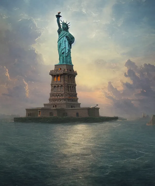 Image similar to highly detailed digital matte painting of a Lady Liberty statue taken back by nature Full shot. By Raphael LaCoste and Ruan Jia and Robert McCall, postcyberpunk, geodesic dome, hyperdetailed, sunrise, wide shot, autochrome, octane render