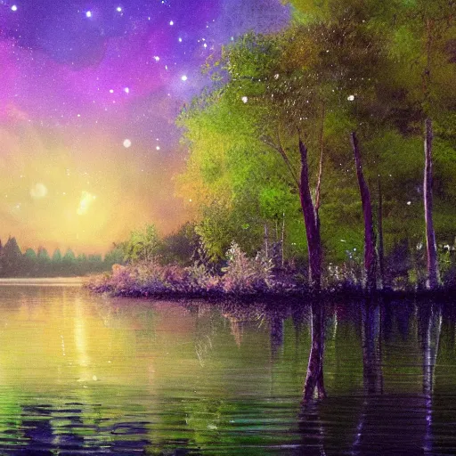 Image similar to lake, trees, night, fireflies glowing above water, painting, concept art,