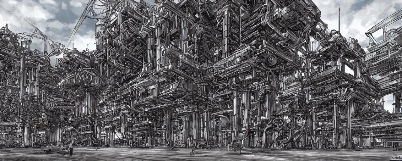 Prompt: huge mechanical arhitectures in the artstyle of bakaarts