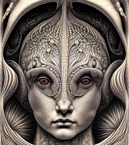 Image similar to detailed realistic beautiful gecko goddess face portrait by jean delville, gustave dore, iris van herpen and marco mazzoni, art forms of nature by ernst haeckel, art nouveau, symbolist, visionary, gothic, neo - gothic, pre - raphaelite, fractal lace, intricate alien botanicals, ai biodiversity, surreality, hyperdetailed ultrasharp octane render