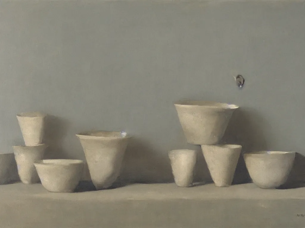 Prompt: ceramic bowls, sculptures catching water from the rain. Painting by Morandi