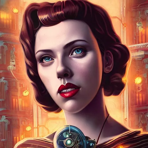 Image similar to Lofi Steampunk Bioshock portrait of Scarlett Johansson, Pixar style, by Tristan Eaton Stanley Artgerm and Tom Bagshaw.