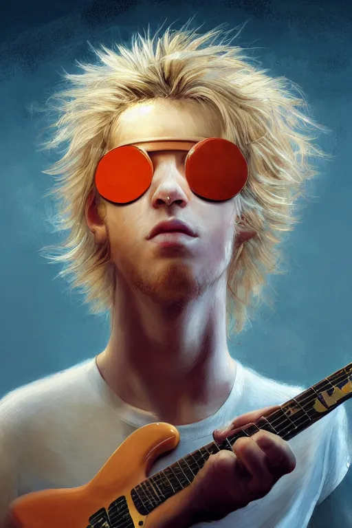 Image similar to blonde wild hair boy playing fender stratocaster, eye - patch, close - up portrait, plain white tshirt, powerfull, intricate, elegant, volumetric lighting, scenery, digital painting, highly detailed, artstation, sharp focus, illustration, concept art, steve mccurry