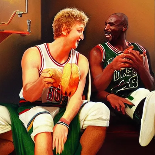 Prompt: portrait of larry bird and michael jordan sharing hotdogs, an oil painting by ross tran and thomas kincade