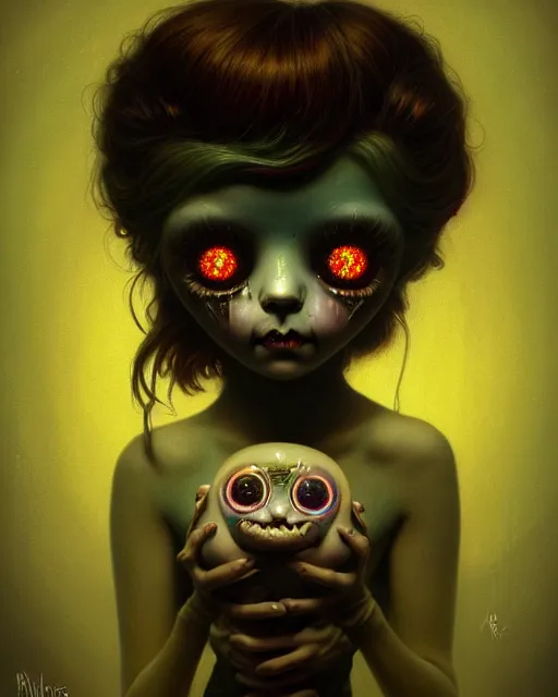 Prompt: one singular portrait of a cute bioluminescent creepy doll, post grunge, highly detailed, digital painting, cinematic, hyper realism, dark retrowave, art by mark ryden and pixar and artgerm and magali villeneuve and alphonse mucha, artstation, octane render, cgsociety