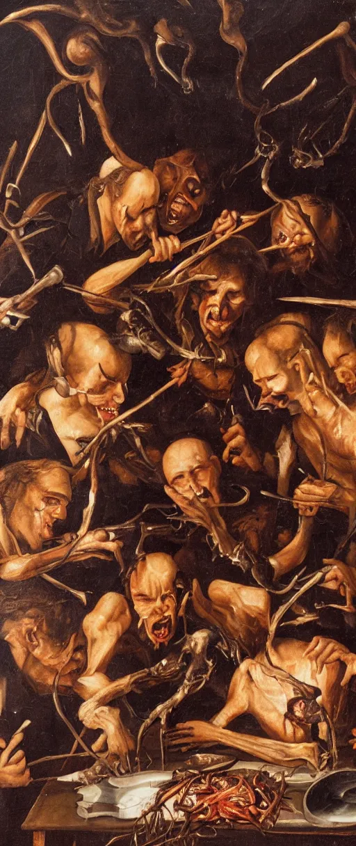 Prompt: renaissance close up studio shot oil painting of vampires at work dissecting a body for dinner