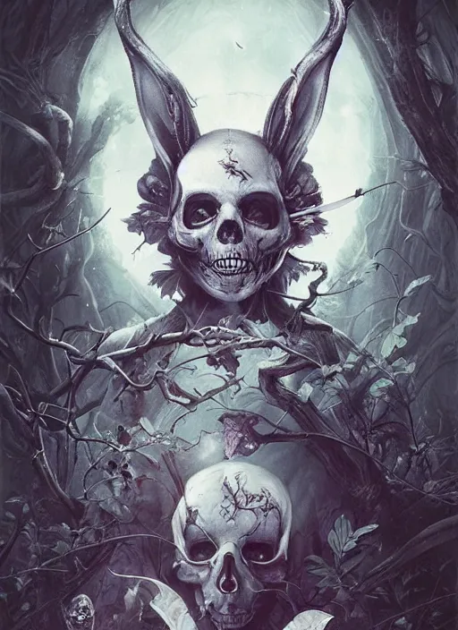 Image similar to Alice in Wonderland White Rabbit Death Tarot card,highly detailed,half skull face,cinematic,8k,by Stanley Artgermm,Tom Bagshaw,Greg Rutkowski,Carne Griffiths, Ayami Kojima, Beksinski, Giger,trending on DeviantArt,hyper detailed,horror, full of colour