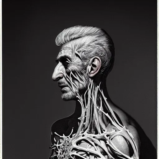 Image similar to The Shah of Iran with translucent skin, visible muscles and veins and arteries and bones and spine and nerves, beautiful detailed intricate insanely detailed octane render, 8K artistic photography, photorealistic, chiaroscuro, by David Cronenberg, Raphael, Caravaggio