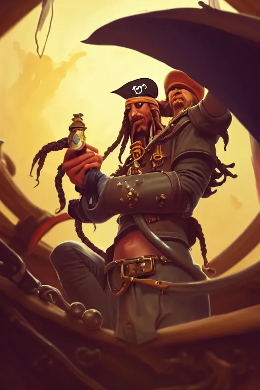 Prompt: a pirate man with an astronaut helmet with long black hair on a pirate ship, d & d, sea of thieves, fantasy digital painting, trending on artstation, concept art, sharp focus, illustration, global illumination, ray tracing, realistic shaded, art by artgerm and greg rutkowski and fuji choko and viktoria gavrilenko and hoang lap