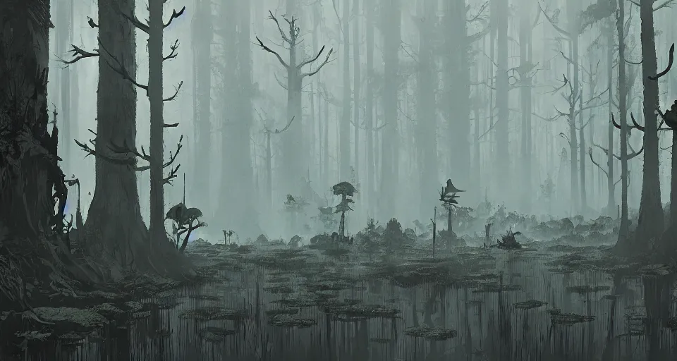 Image similar to A dense and dark enchanted forest with a swamp, by Ian McQue