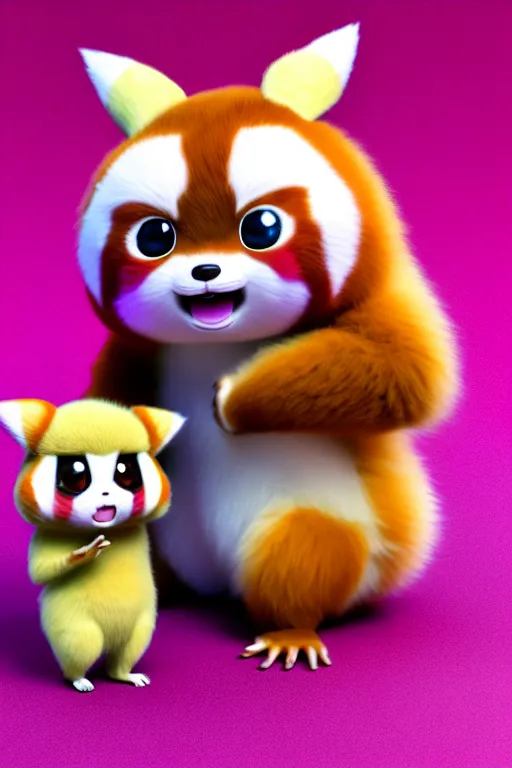 Image similar to high quality 3 d render hyperrealist very cute pastel fluffy! red panda & tarsier hybrid eating giant ice cream full body, very smooth, in the style of detective pikachu, charlie immer, very dramatic light, low angle, uhd 8 k, shallow depth or field