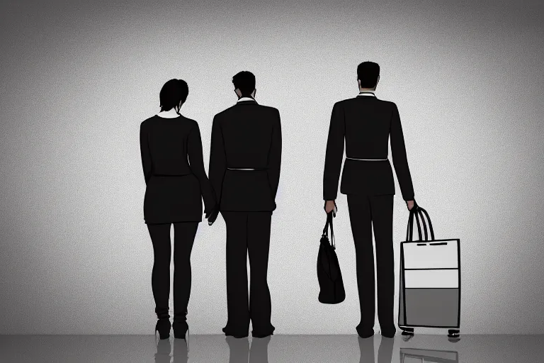 Image similar to tall, broad shouldered, security guard checks the bags of a worried looking couple, man and woman, digital art