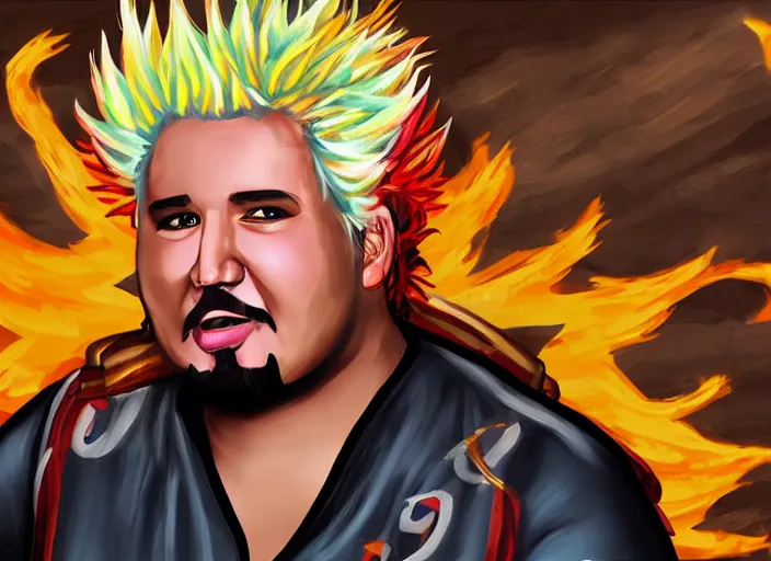 Prompt: painting of guy fieri as a character in the game league of legends, with a background based on the game league of legends, detailed face, painterly, digital art, angular!!