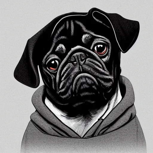 Prompt: a sad pug wearing a hoodie, the word ( sad ) is typed on the hoodie in upper case letters, digital art, synthwave style, trending on artstation, matte painting