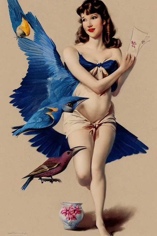 Image similar to portrait of sophie marceau as pinup girl holding an indigo bunting, bird, the bird is wearing a bowtie, by greg rutkowski, rossdraws, gil elvgren, enoch bolles, porcelain skin, glistening, very coherent,