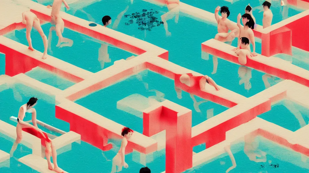 Image similar to japan natural hot spring, a collage painting, in the style of wes anderson, lola dupre, david hockney, isolated on negative white space background dark monochrome neon spraypaint accents volumetric octane render