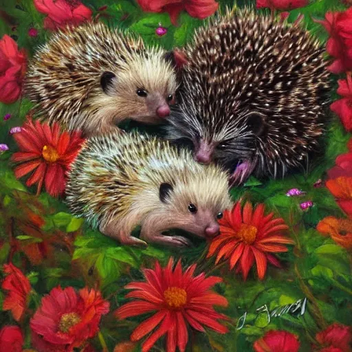 Image similar to masterpeice painting of baby hedgehogs sleeping in flowers by james gurney