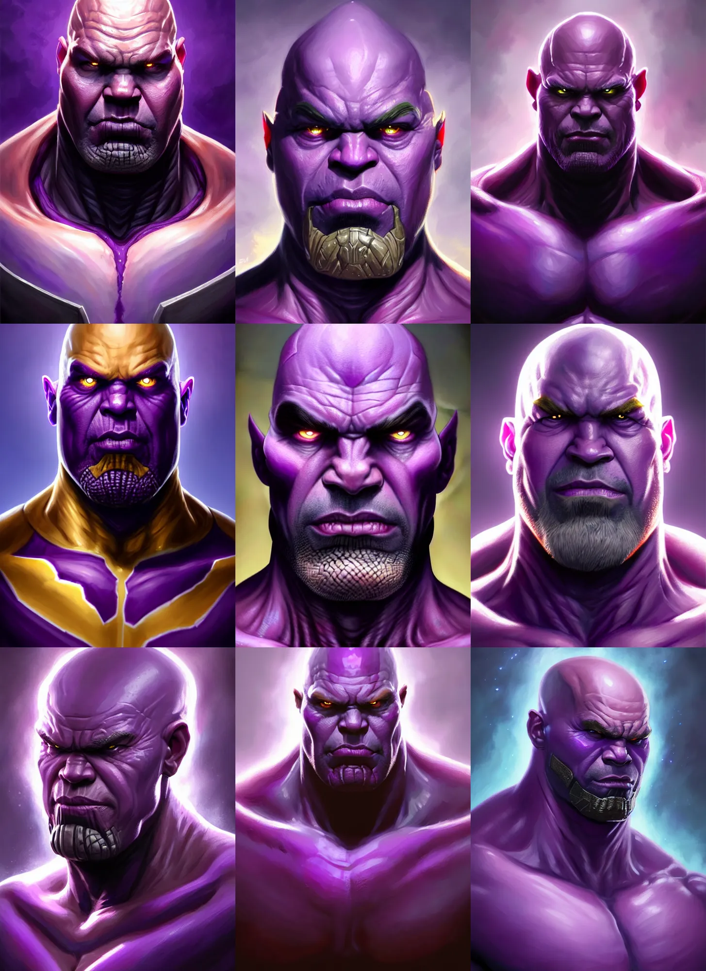 Prompt: a fantasy style portrait painting a character if drax the destroyer ( arthur douglas ) and thanos had a son, purple skin, powerful chin, drax the destroyer style traits, painting, unreal 5, daz., rpg, portrait, extremely detailed, artgerm greg rutkowski _ greg