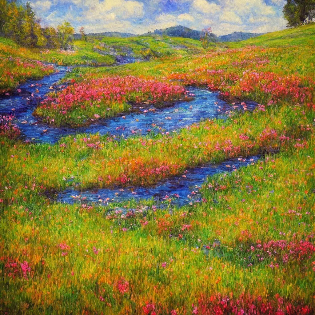 Prompt: an impressionist painting of a gorgeous meadow with a stream flowing through it surrounded by ( ( ( ( ( large mushrooms ) ) ) ) )!!!!!!!!!, psychedelic colors, trending on artstation