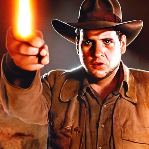 Image similar to Jonah Hill as indiana jones in raiders of the lost ark, 8k resolution, full HD, cinematic lighting, award winning, anatomically correct