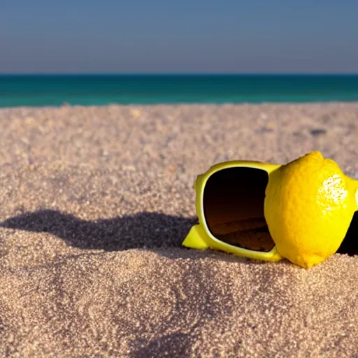 Prompt: A lemon wearing sunglasses on the beach sand