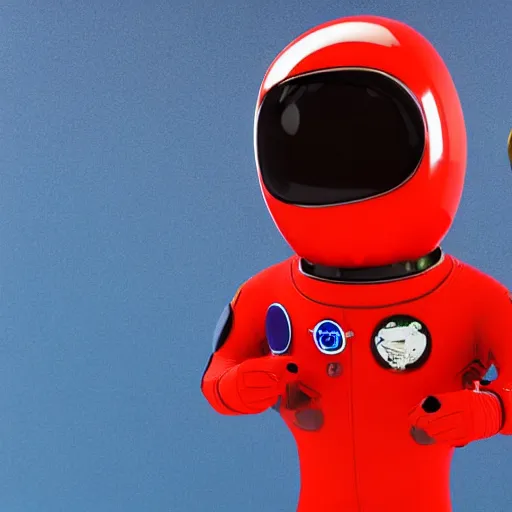 Prompt: a red suit astronaut shaped like a bean with a blue visor render nano cyber high detail high tech octane 4 k