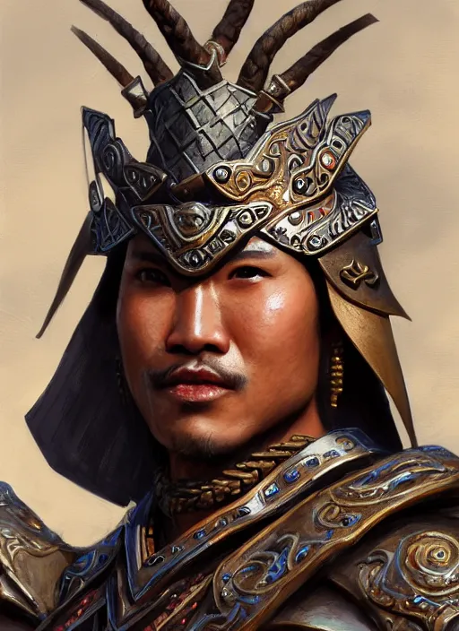 Prompt: smart tai warlord, closeup portrait, historical, ethnic group, traditional tai costume, sukhothai costume, bronze headset, fantasy, intricate, with leather armor cross onbare chest, elegant, loin cloth, highly detailed, oil painting, artstation, concept art, matte, sharp focus, illustration, hearthstone, art by earl norem