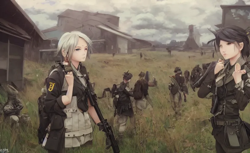 Prompt: panoramic view, girl, soldier clothing, battlefield in background, anime style, short hair, hair down, realistic face, symmetrical facial features, from arknights, hyper realistic, 4 k, extreme detail, detailed drawing, trending artstation, safebooru, realistic lighting, by alphonse mucha, greg rutkowski, anime eyes, sharp focus